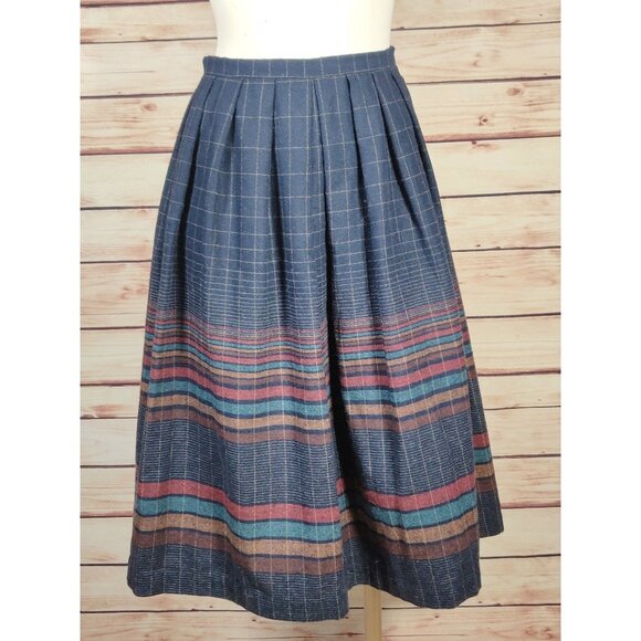 Vintage Century Boston Blue Wool Pleated Plaid/Grid A-Line Midi Dress - Picture 2 of 9